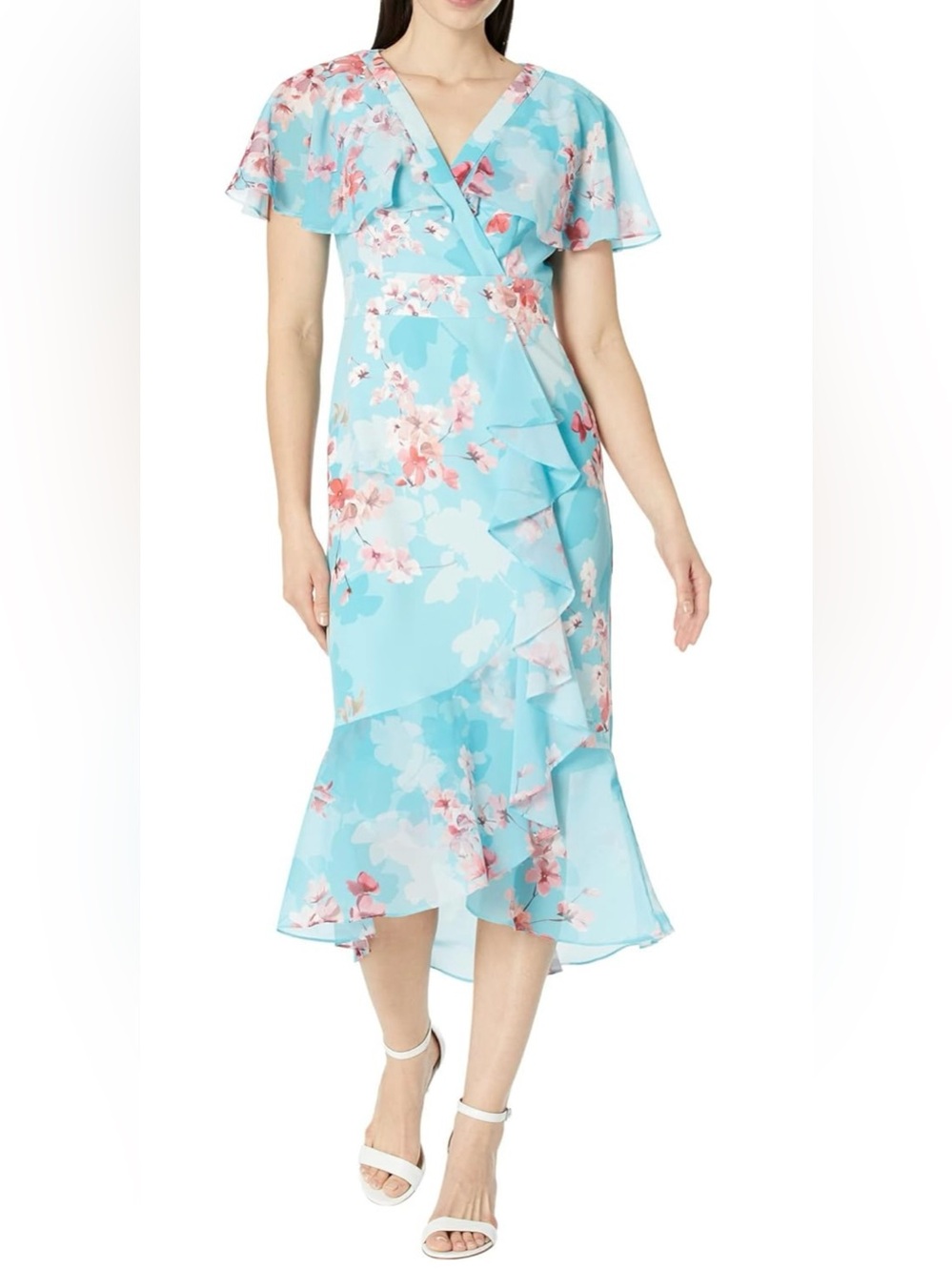 Adrianna Papell Floral Flutter Sleeve Dress with Cascade & Ruffle Hem - NWT